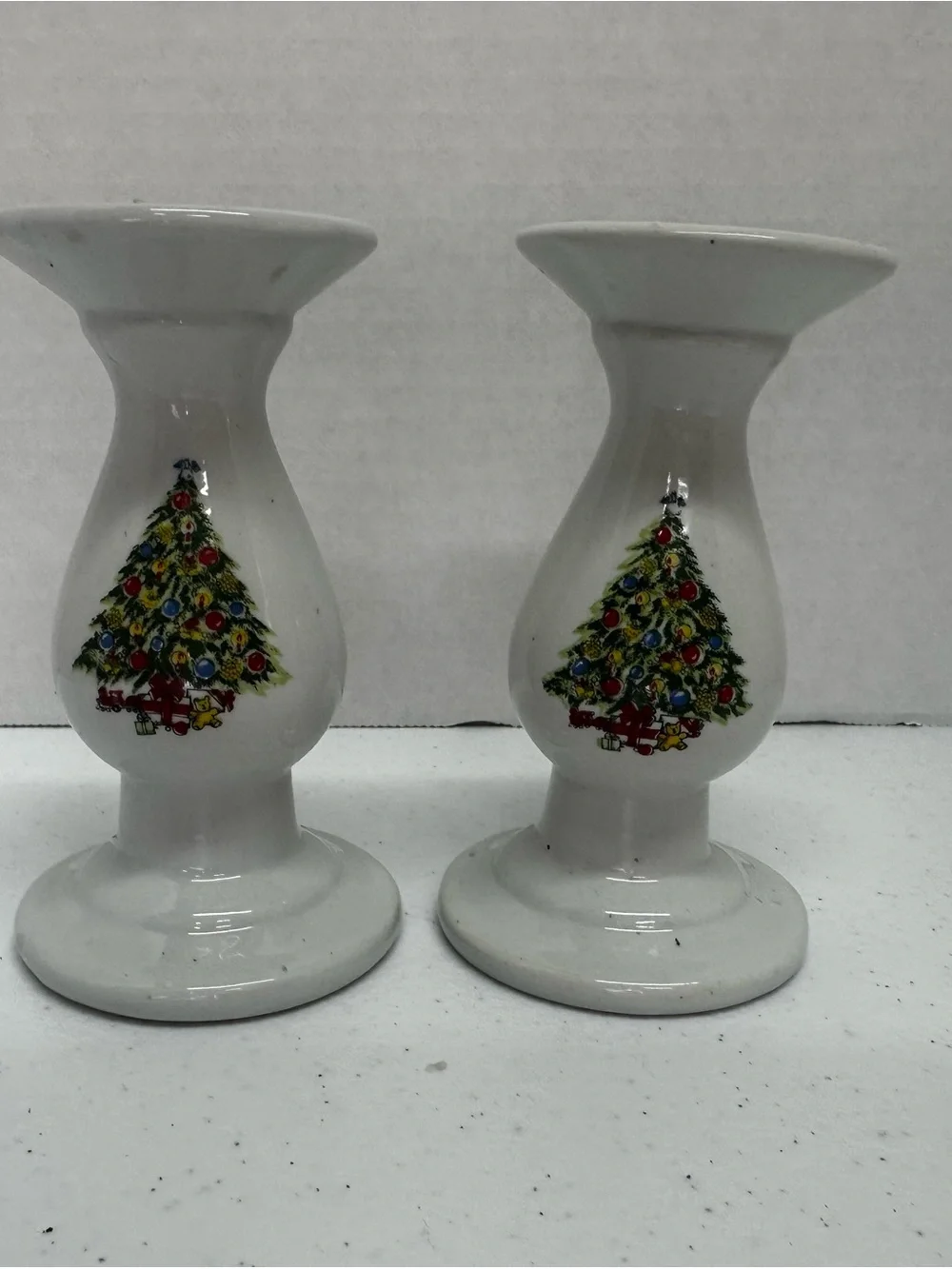 Vintage Christmas Tree Ceramic Candle Holders Set of 2 White Holiday Decor